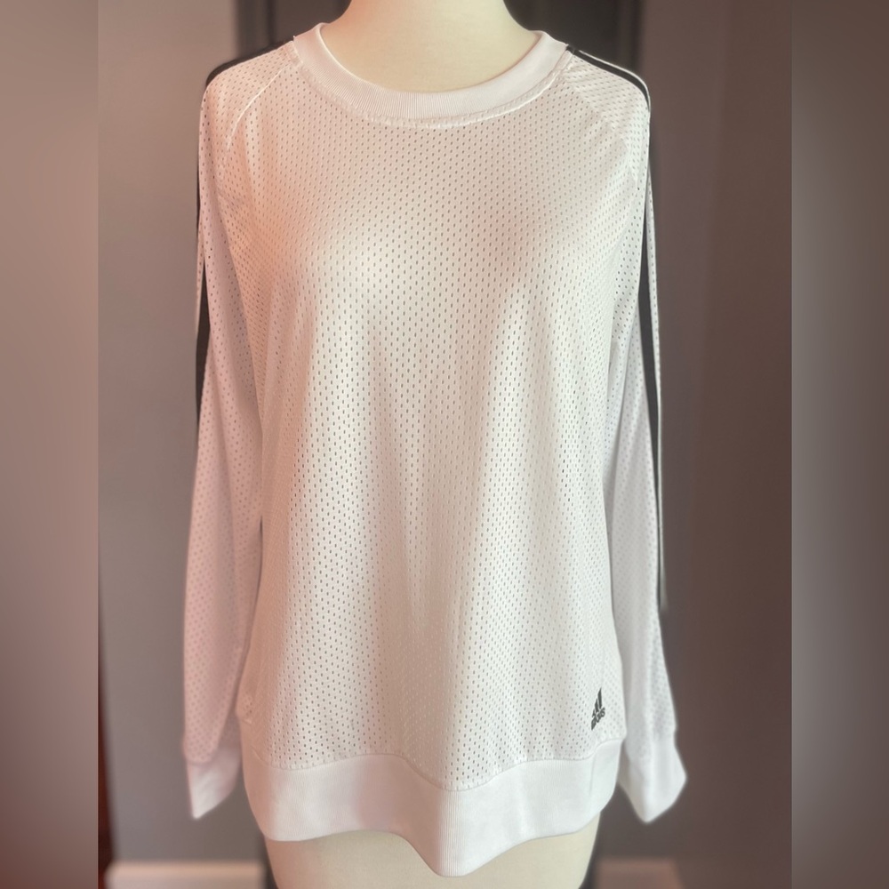 Adidas Women's White Mesh Jersey Athletic Top with Black Stripes Long Sleeve - Picture 2 of 10